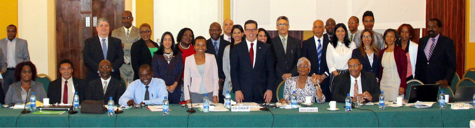 Integrantes de la delegación oficial de República Dominicana que asiste a la V Reunión del Consejo Conjunto del Acuerdo de Libre Comercio entre la República Dominicana y la Comunidad del Caribe (CARICOM), en Georgetown, Guyana. 